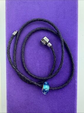 💛 Authentic Chamilia Purple Braided Leather Bracelet w/ Blue Glass Charm
